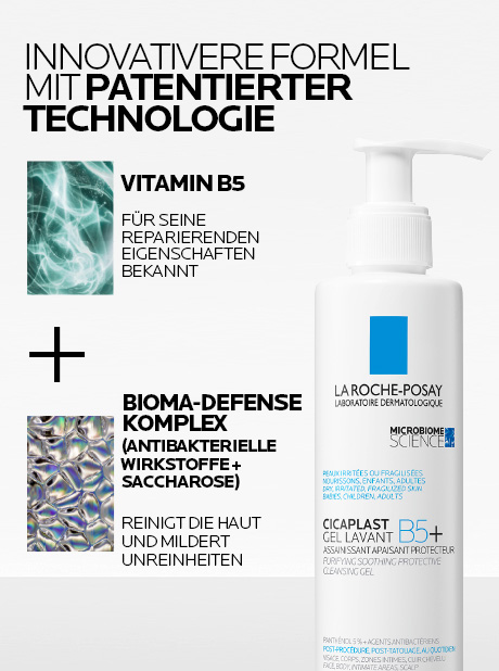 La Roche-Posay Cicaplast Lavant B5. Innovative Formel mit patentierter Technologie. Vitamin B5 und Bioma-Defense.